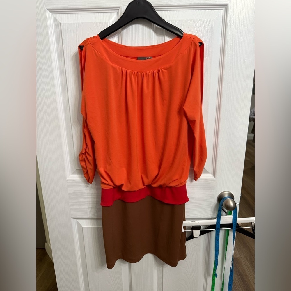 Muse Orange Red Brown Colorblock Dress Boho Fall Mod Retro Womens 4 drop waist